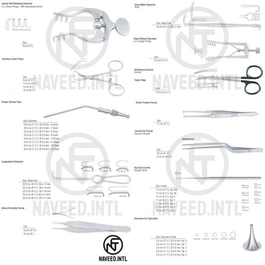 Basic Ear Surgical Instrument Set | ENT Dissecting Scissors, Haemostatic Forceps, Retractors & Ear Curettes – Complete Operating Room Kit