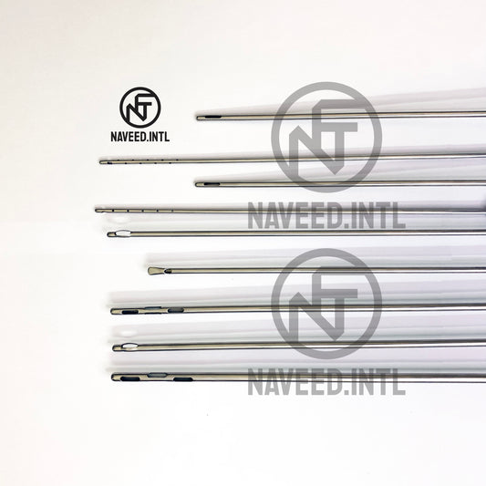 Liposuction Cannula Set of 9 Pieces with 5 Fixed Handle, 2 Toomey Hub, 2 Luer Lock