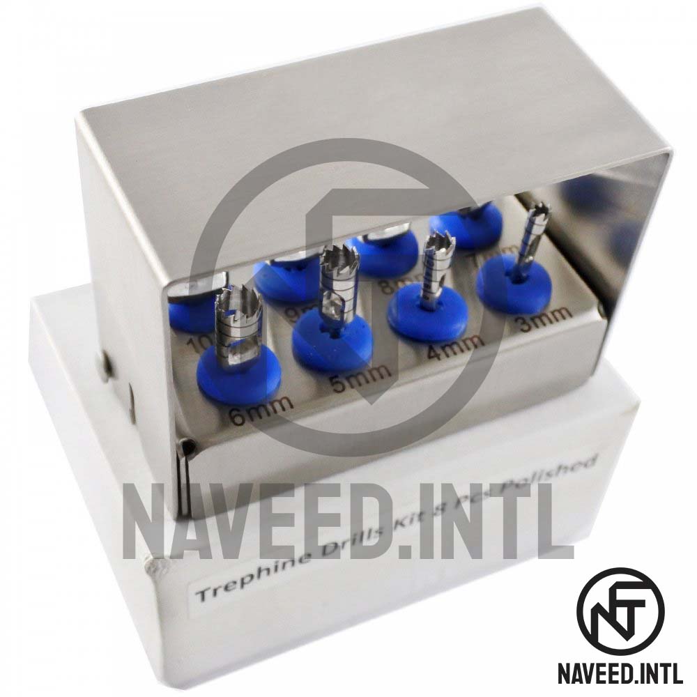 Dental Implant Trephine Drill Kit – 8 Pieces Surgical Trephines (3.0–10.0mm) with Polished Bur Holder