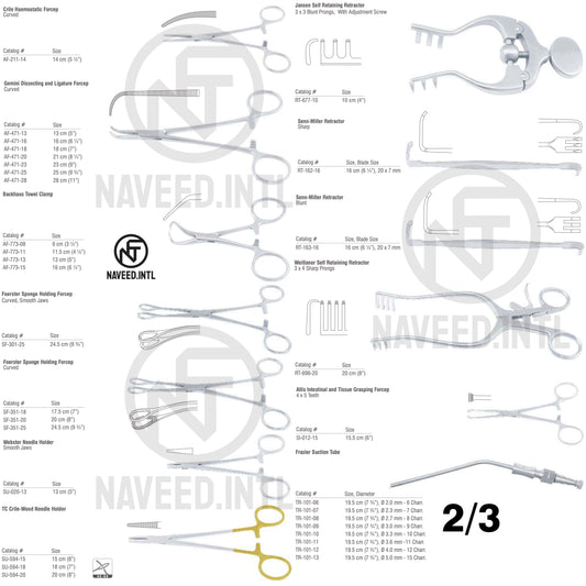 Infant Laparotomy Set 2/3 – Gemini Ligature Forceps, Backhaus Towel Clamps, Foerster Sponge Forceps, Webster & TC Crile-Wood Needle Holders, Jansen & Weitlaner Retractors, Allis Tissue Forcep and Frazier Suction Tube by Naveed International
