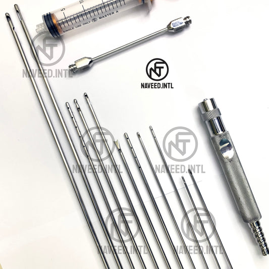 Stainless steel Mercedes and spiral-hole liposuction cannulas in a 14-piece set