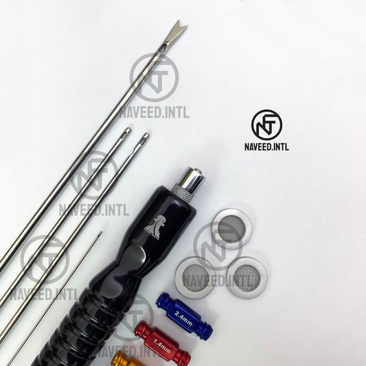 12-piece liposuction and fat grafting cannula set with nano fat transfer accessories Top side picture showing detailed cannulas shapes and Mesh view