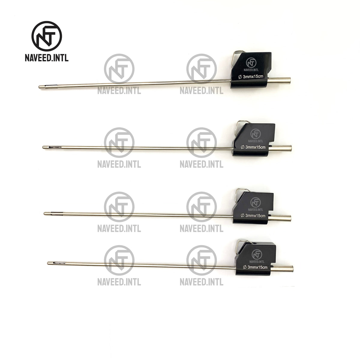 MicroAire PAL Mercedes Cannula Set 4-Piece 3mm x 15cm by Naveed International – Full Set View Showing Non-Magnetic Stainless Steel Shafts with Anodised Aluminium PAL Compatible Bases