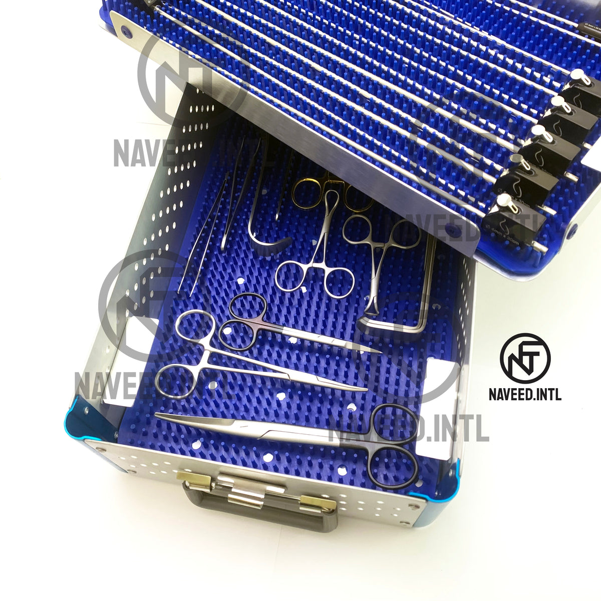 Open double story anodised aluminium surgical instrument sterilization tray