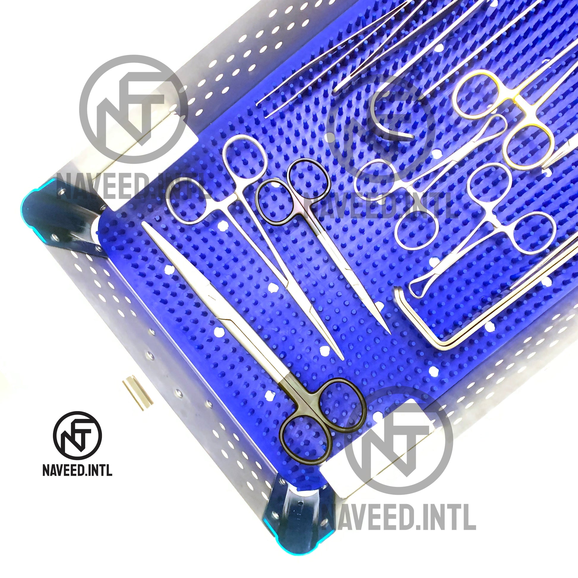 Perforated internal rack of double tier anodised aluminium surgical instrument tray