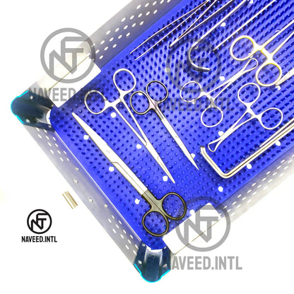 Perforated internal rack of double tier anodised aluminium surgical instrument tray