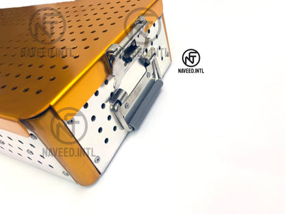 Left side view of double story anodised aluminium surgical instrument sterilization tray