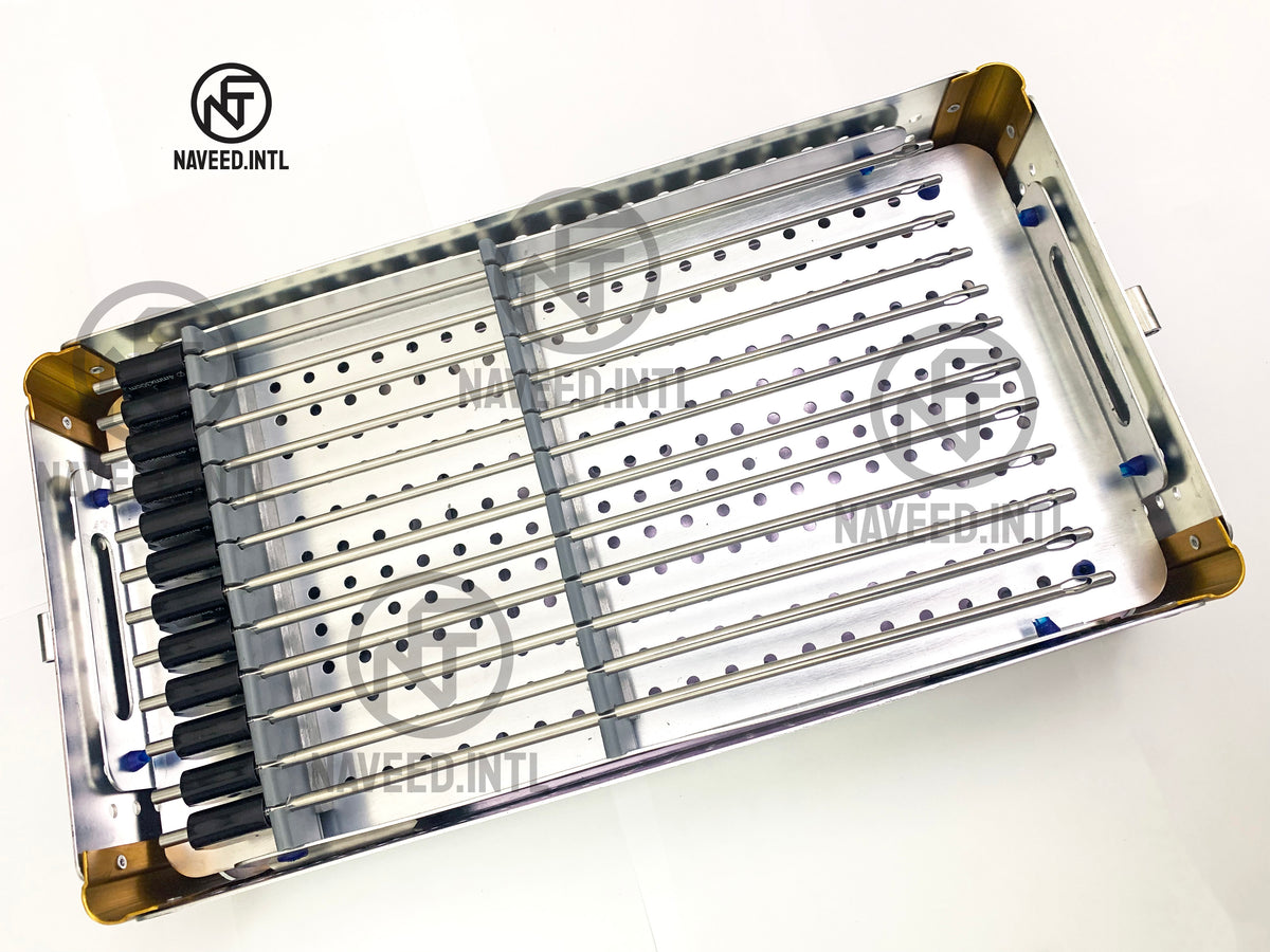 Internal view of double tier autoclavable anodised aluminium surgical instrument tray
