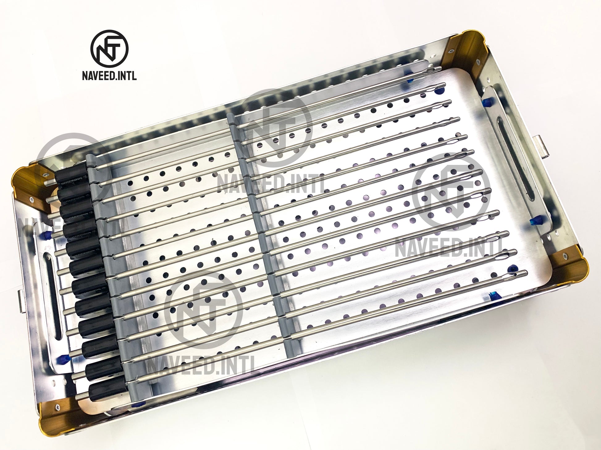 Internal view of double tier autoclavable anodised aluminium surgical instrument tray