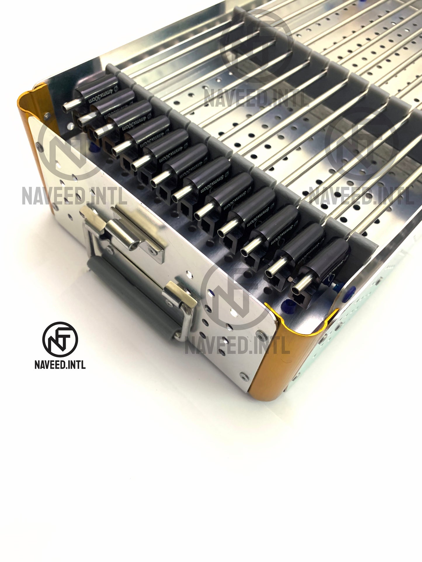 Right side view of 40 cm anodised aluminium double tier surgical instrument tray