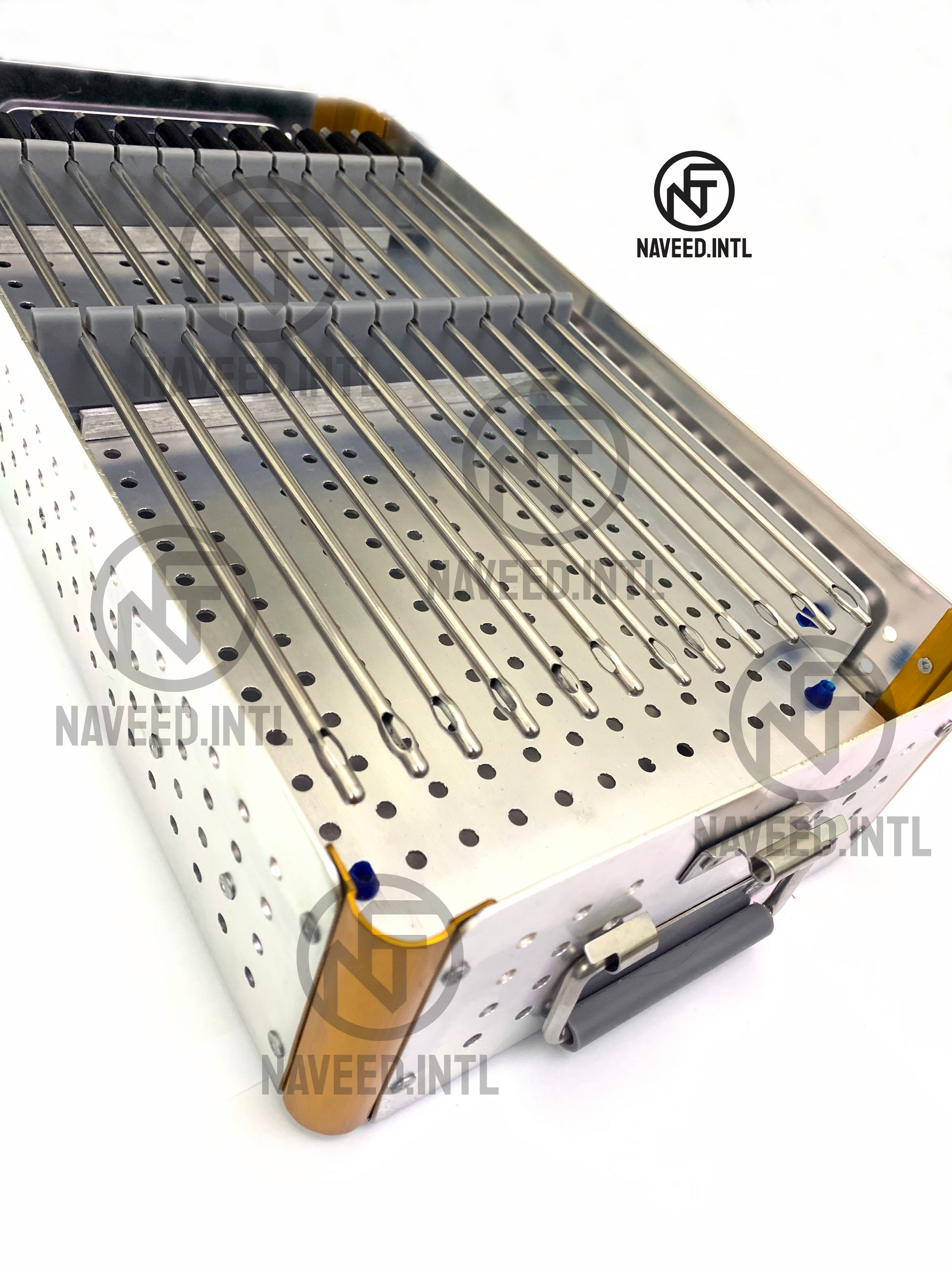 Left side view of double story anodised aluminium surgical instrument sterilization tray