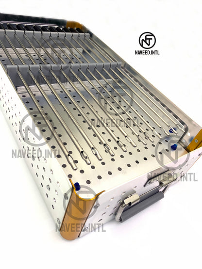 Left side view of double story anodised aluminium surgical instrument sterilization tray