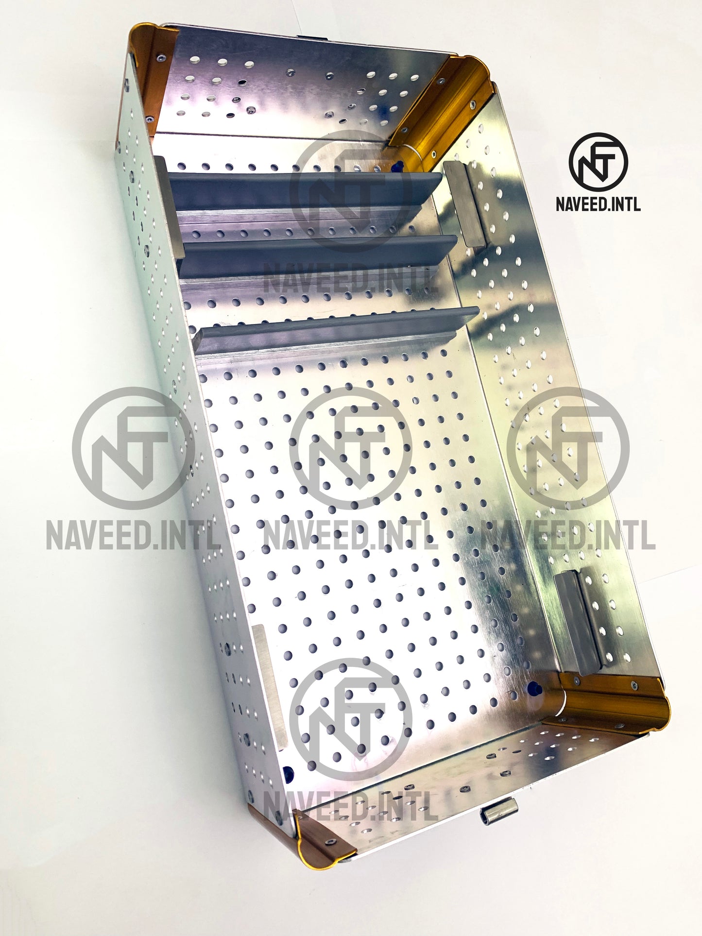 Internal view of double tier autoclavable anodised aluminium surgical instrument tray