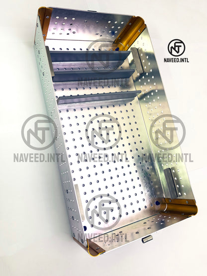 Internal view of double tier autoclavable anodised aluminium surgical instrument tray