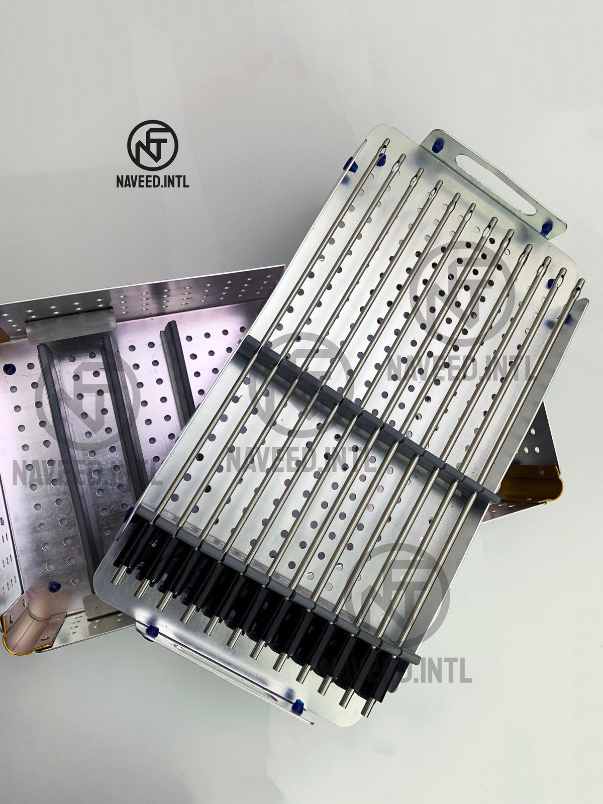 Top view of autoclavable double story anodised aluminium surgical instrument tray