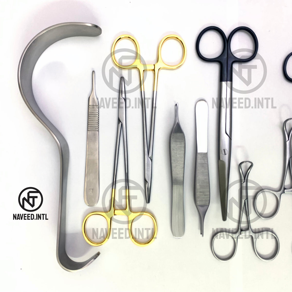 Complete breast augmentation instrument set with scissors forceps needle holders and retractors
