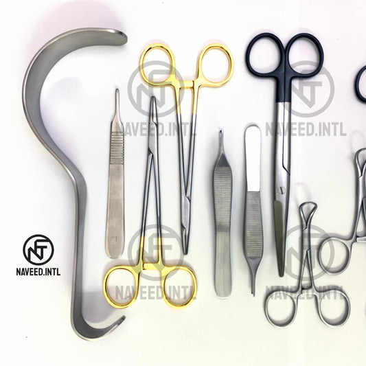 Complete breast augmentation instrument set with scissors forceps needle holders and retractors