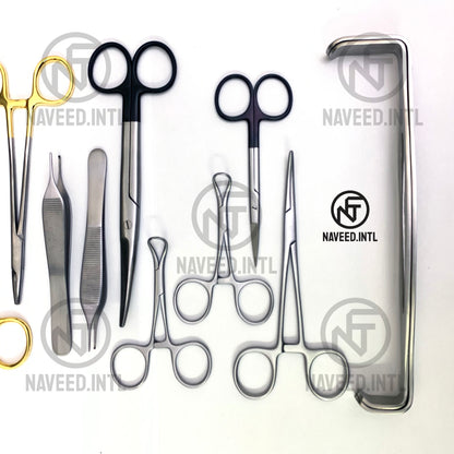 Plastic surgery breast augmentation instruments arranged in complete surgical instrument set