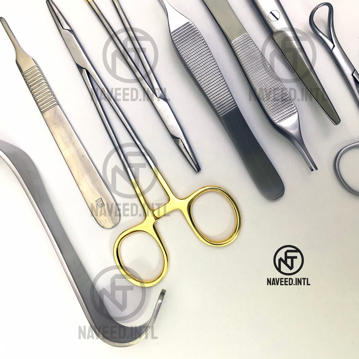 Breast augmentation surgical set with Crile-Wood needle holders and Backhaus towel clamps