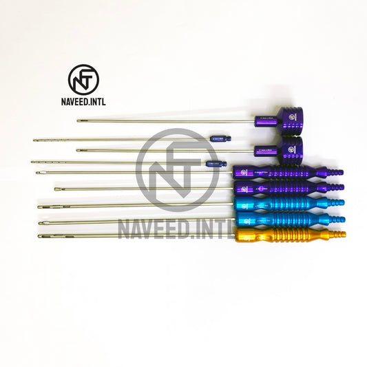 Liposuction Cannula Set of 9 Pieces with 5 Fixed Handle, 2 Tomy Hub, 2 Luer Lock