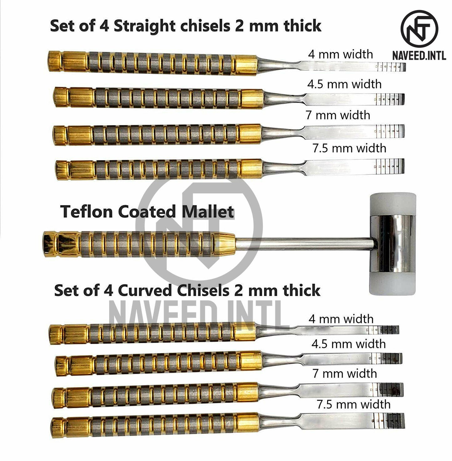 Dental Bone Splitting Chisel Set – 9 Pcs with Mead Mallet | Gold-Coated Implant Surgery Kit with Cassette