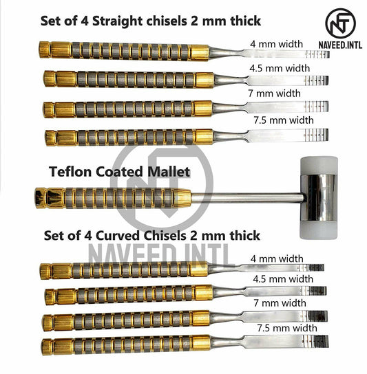 Dental Bone Splitting Chisel Set – 9 Pcs with Mead Mallet | Gold-Coated Implant Surgery Kit with Cassette