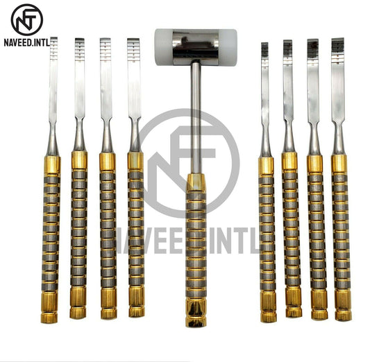 Dental Bone Splitting Chisel Set – 9 Pcs with Mead Mallet | Gold-Coated Implant Surgery Kit with Cassette