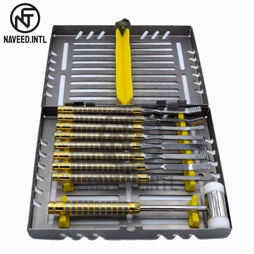 Dental Bone Splitting Chisel Set – 9 Pcs with Mead Mallet | Gold-Coated Implant Surgery Kit with Cassette