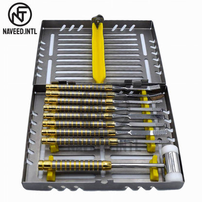 Dental Bone Splitting Chisel Set – 9 Pcs with Mead Mallet | Gold-Coated Implant Surgery Kit with Cassette