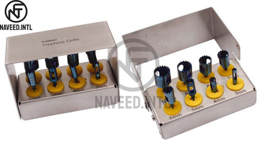 Dental Implant Trephine Drill Kit – 8 Pieces Surgical Trephines (3.0–10.0mm) with Polished Bur Holder Black Hard