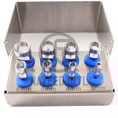 Dental Implant Trephine Drill Kit – 8 Pieces Surgical Trephines (3.0–10.0mm) with Polished Bur Holder
