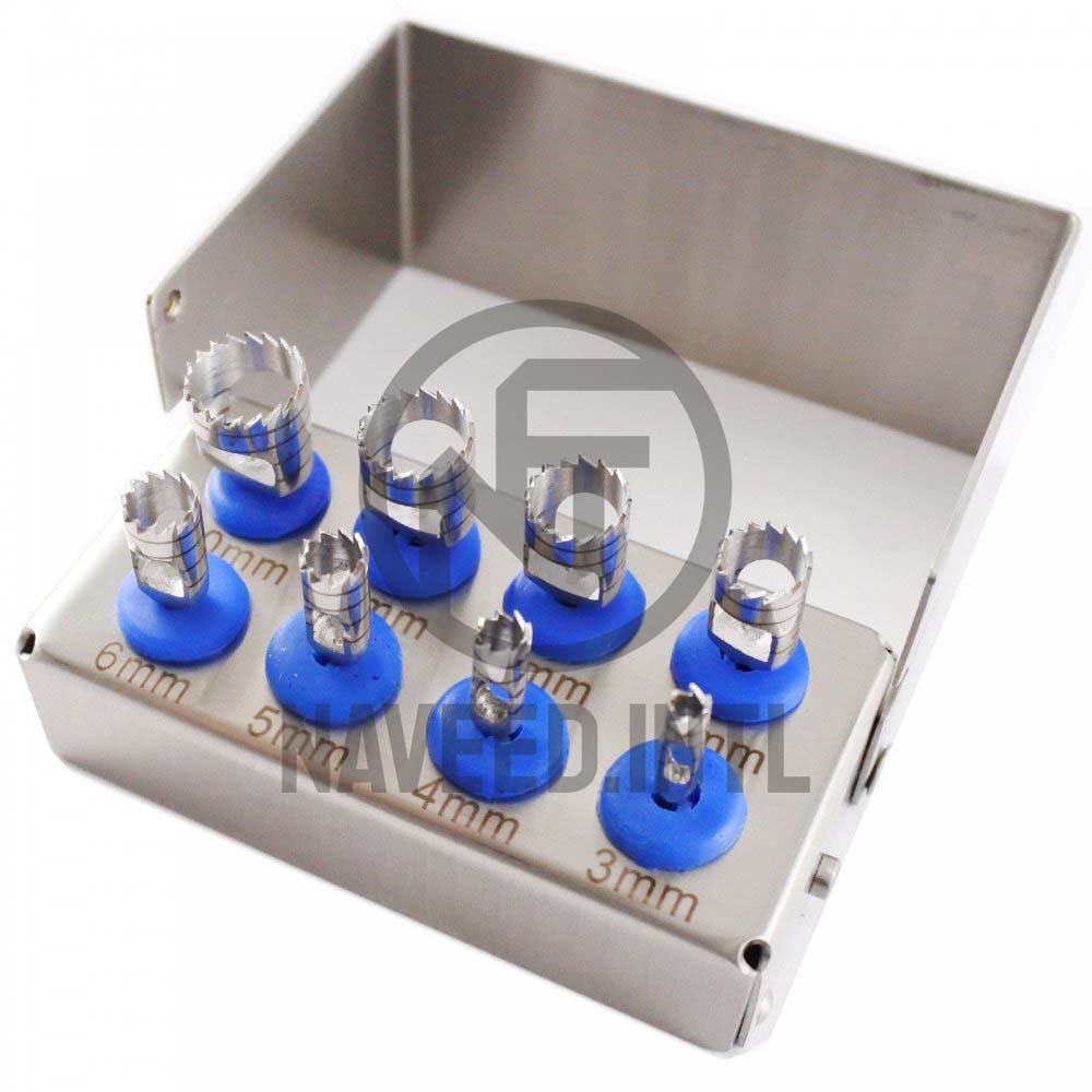 Dental Implant Trephine Drill Kit – 8 Pieces Surgical Trephines (3.0–10.0mm) with Polished Bur Holder