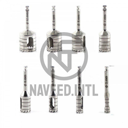 Dental Implant Trephine Drill Kit – 8 Pieces Surgical Trephines (3.0–10.0mm) with Polished Bur Holder
