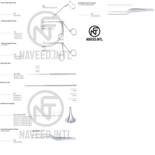 Ear Foreign Body Removal Surgical Instrument Set | ENT Otology Kit with Hartmann Alligator Forceps, Billeau Ear Loop, Hartmann Ear Speculum, Gruenwald Forcep & Quire Forcep | German Stainless Steel