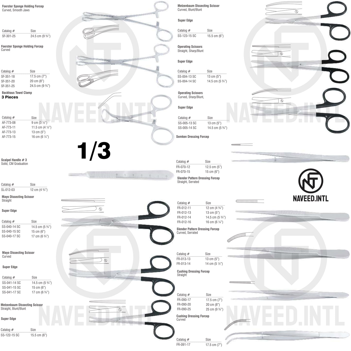Emergency Set 1/3 – Foerster Sponge Forceps, Backhaus Towel Clamps, Mayo & Metzenbaum Super Edge Scissors, Operating Scissors Super Edge, Semken, Slender Pattern and Cushing Dressing Forceps by Naveed International