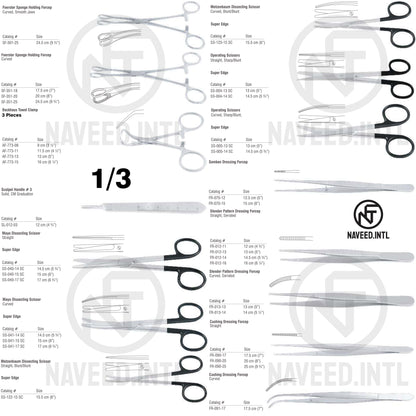 Emergency Set 1/3 – Foerster Sponge Forceps, Backhaus Towel Clamps, Mayo & Metzenbaum Super Edge Scissors, Operating Scissors Super Edge, Semken, Slender Pattern and Cushing Dressing Forceps by Naveed International