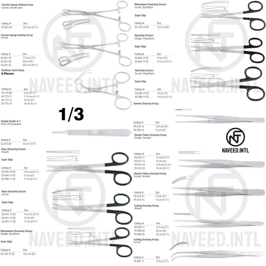 Emergency Set 1/3 – Foerster Sponge Forceps, Backhaus Towel Clamps, Mayo & Metzenbaum Super Edge Scissors, Operating Scissors Super Edge, Semken, Slender Pattern and Cushing Dressing Forceps by Naveed International