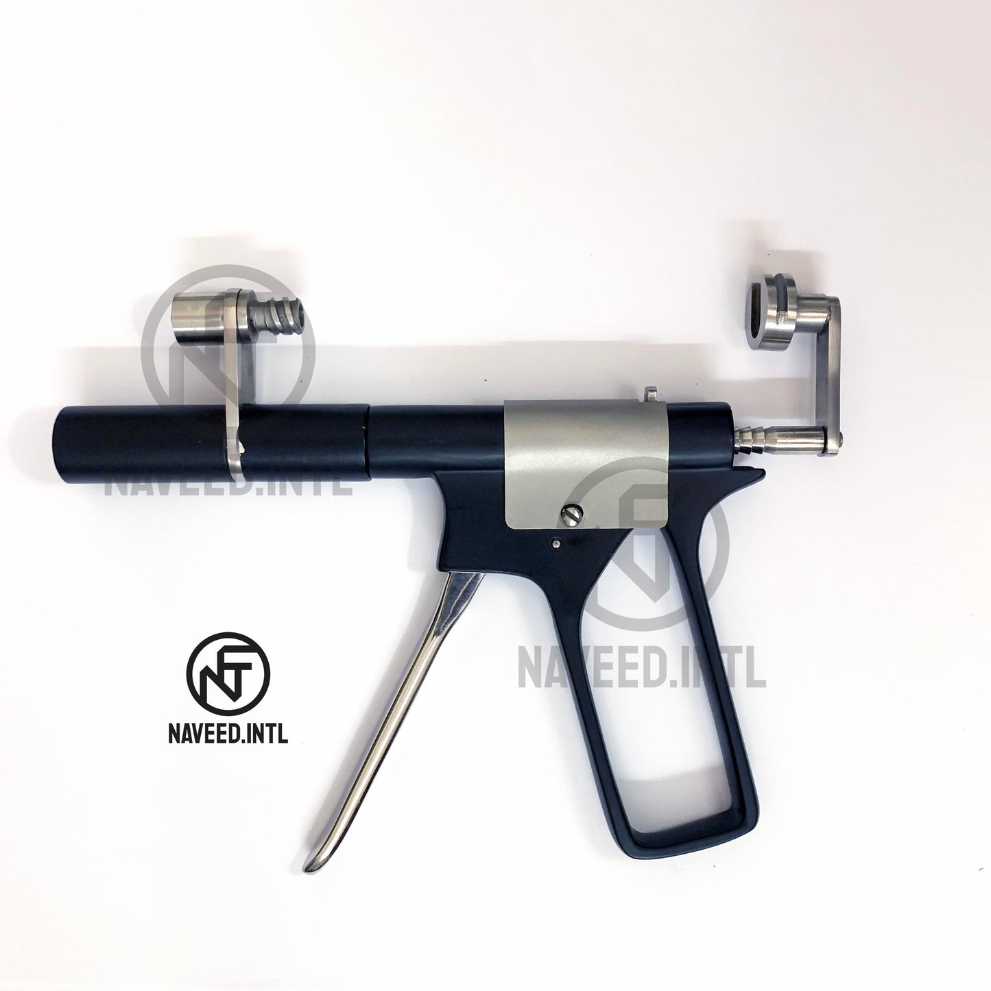 Fat Injection Re-Grafting Gun Front View – Pistol Grip Design with Aluminium Barrel and Luer Lock Syringe Connector by Naveed International