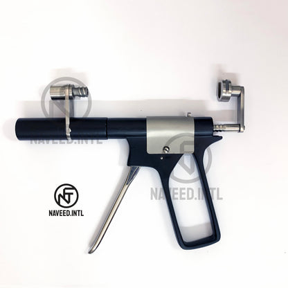 Fat Injection Re-Grafting Gun Front View – Pistol Grip Design with Aluminium Barrel and Luer Lock Syringe Connector by Naveed International