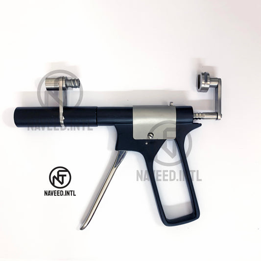 Fat Injection Re-Grafting Gun Front View – Pistol Grip Design with Aluminium Barrel and Luer Lock Syringe Connector by Naveed International