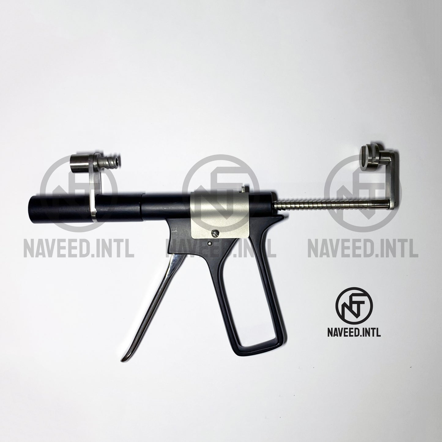 Fat Injection Re-Grafting Gun Side View – Showing Locking Plunger Rod and Adjustable Syringe Bracket with Trigger Mechanism