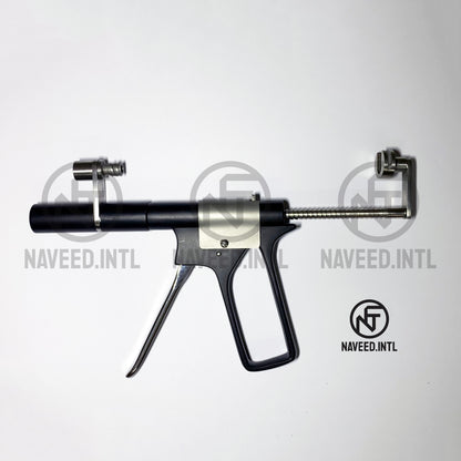 Fat Injection Re-Grafting Gun Side View – Showing Locking Plunger Rod and Adjustable Syringe Bracket with Trigger Mechanism