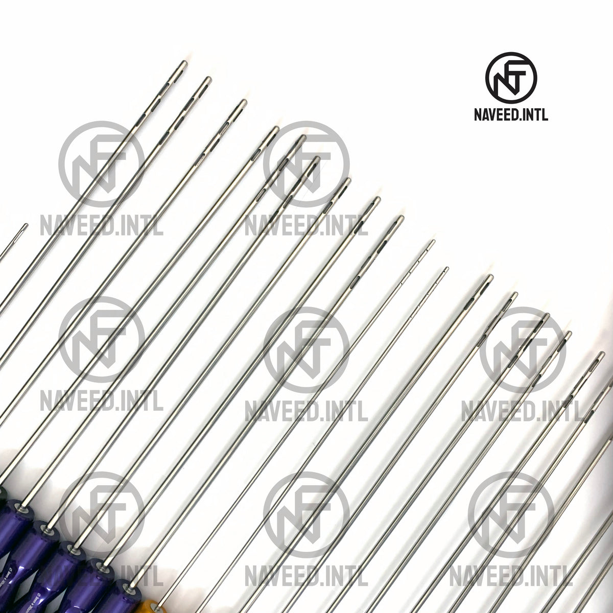 Color-coded fixed handle liposuction cannulas with red yellow green purple and black handles Tip Detailed Image two