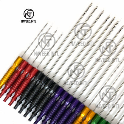 Color-coded fixed handle liposuction cannulas with red yellow green purple and black handles Tip Detailed Image three