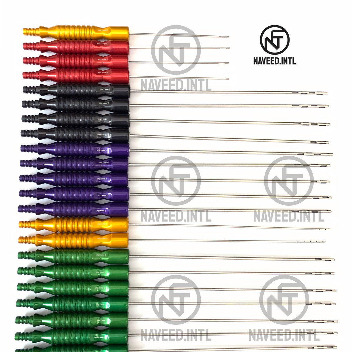 Color-coded fixed handle liposuction cannulas with red yellow green purple and black handles Tip Detailed Image Left Side Complete