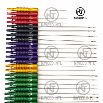 Color-coded fixed handle liposuction cannulas with red yellow green purple and black handles Tip Detailed Image Left Side Complete