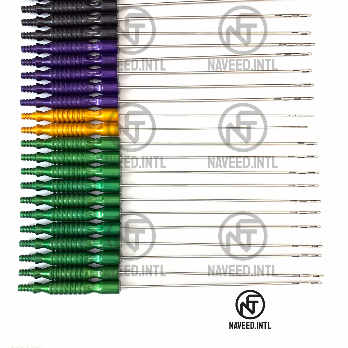 Color-coded fixed handle liposuction cannulas with red yellow green purple and black handles Tip Detailed Image Right Side Complete Image