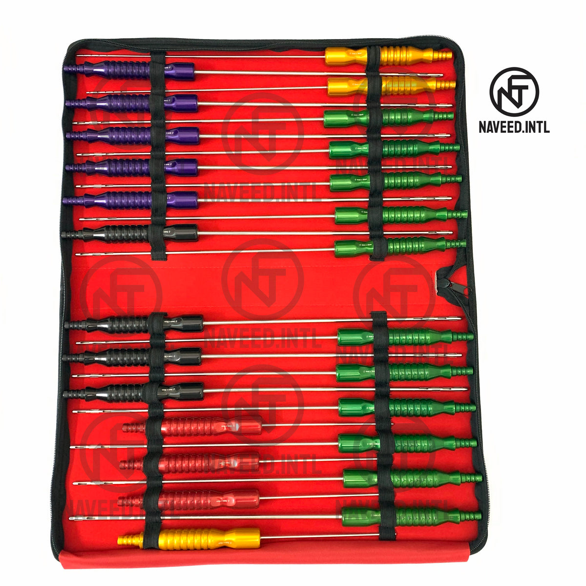 Color-coded fixed handle liposuction cannulas with red yellow green purple and black handles Installed in carrying pouch Complete Image