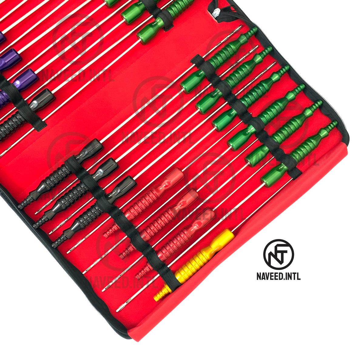Color-coded fixed handle liposuction cannulas with red yellow green purple and black handles In Carrrying Pouche Left Side View