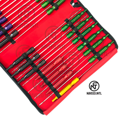 Color-coded fixed handle liposuction cannulas with red yellow green purple and black handles In Carrrying Pouche Left Side View